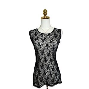 Sound & Matter Black Floral Lace Sheer Tank Top Sleeveless Mesh Blouse Small
